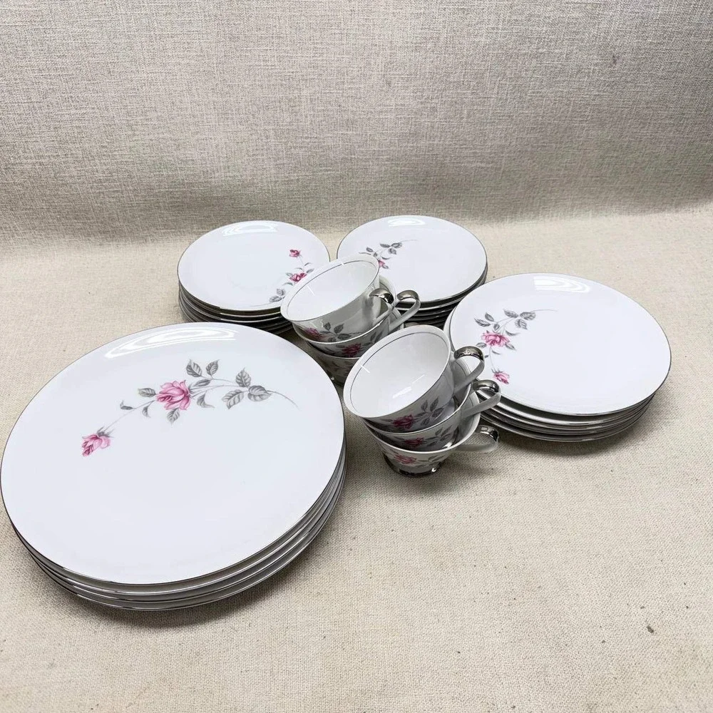 Lennold Fine China Enchanted Rose 1583 Japan Dinnerware Set Pink Floral Silver